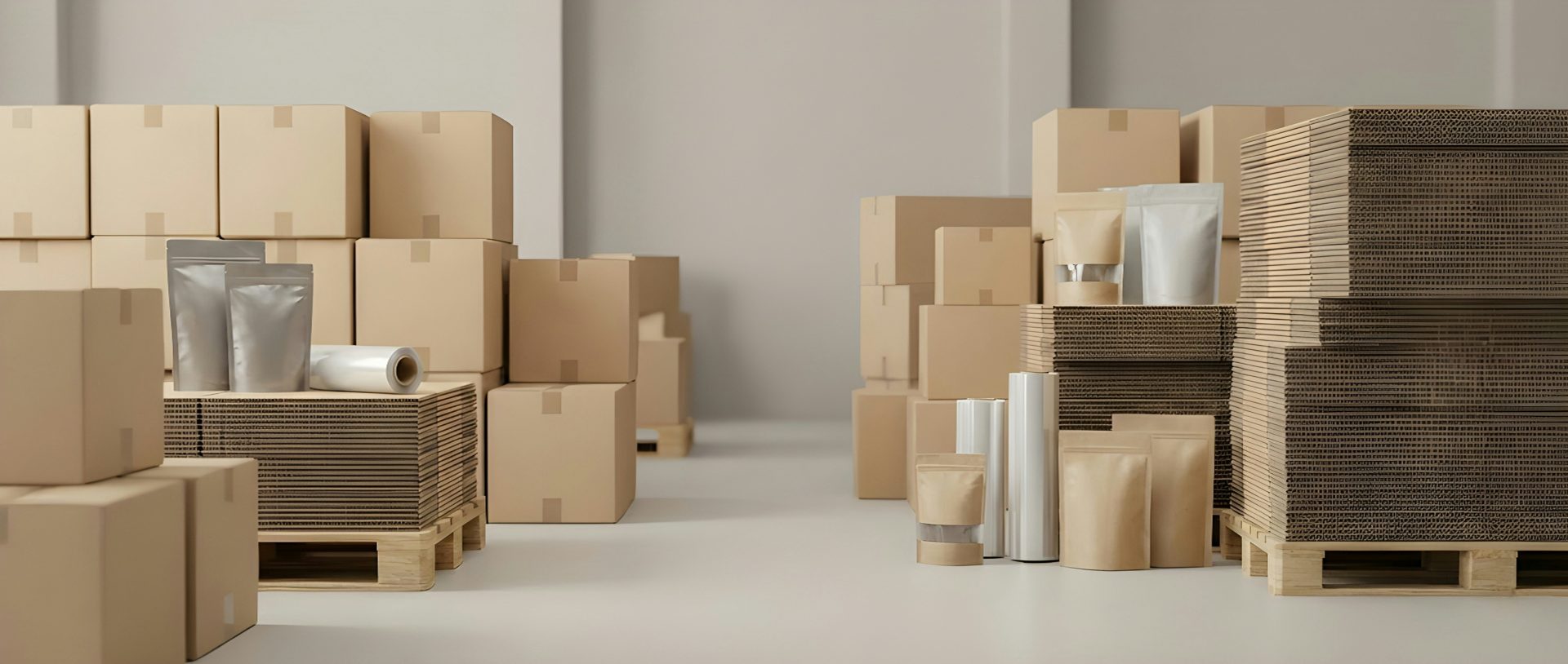 Cajas de cartón y materiales de embalaje en un almacén.